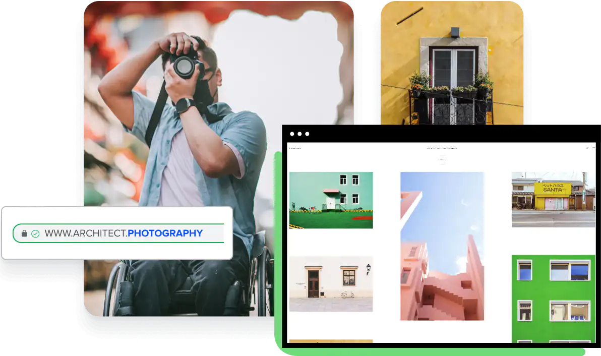 Collage de hombre con cámara y foto de una casa y captura de pantalla de un website de fotografía